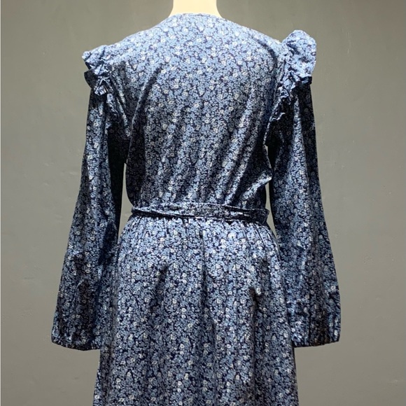 J.Crew Sz Small Long Sleeve Blue Floral Print Belted Dress - Picture 5 of 7